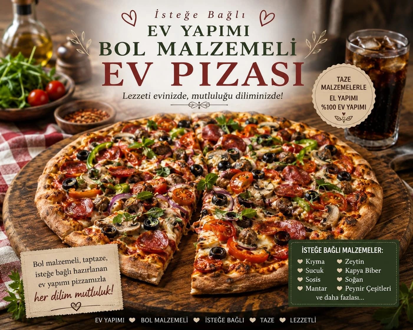 Bol Malzemeli Ev Pizzası catering sunumu