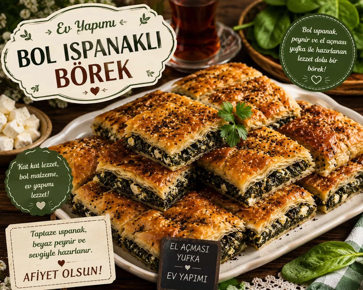 Bol Ispanaklı Börek catering sunumu